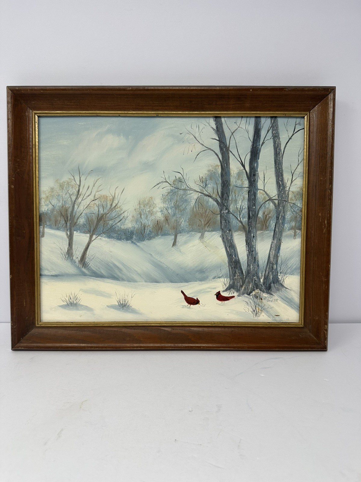 Vintage Hand Painted Winter Snow Scene Painting Signed Framed Approx 16×13