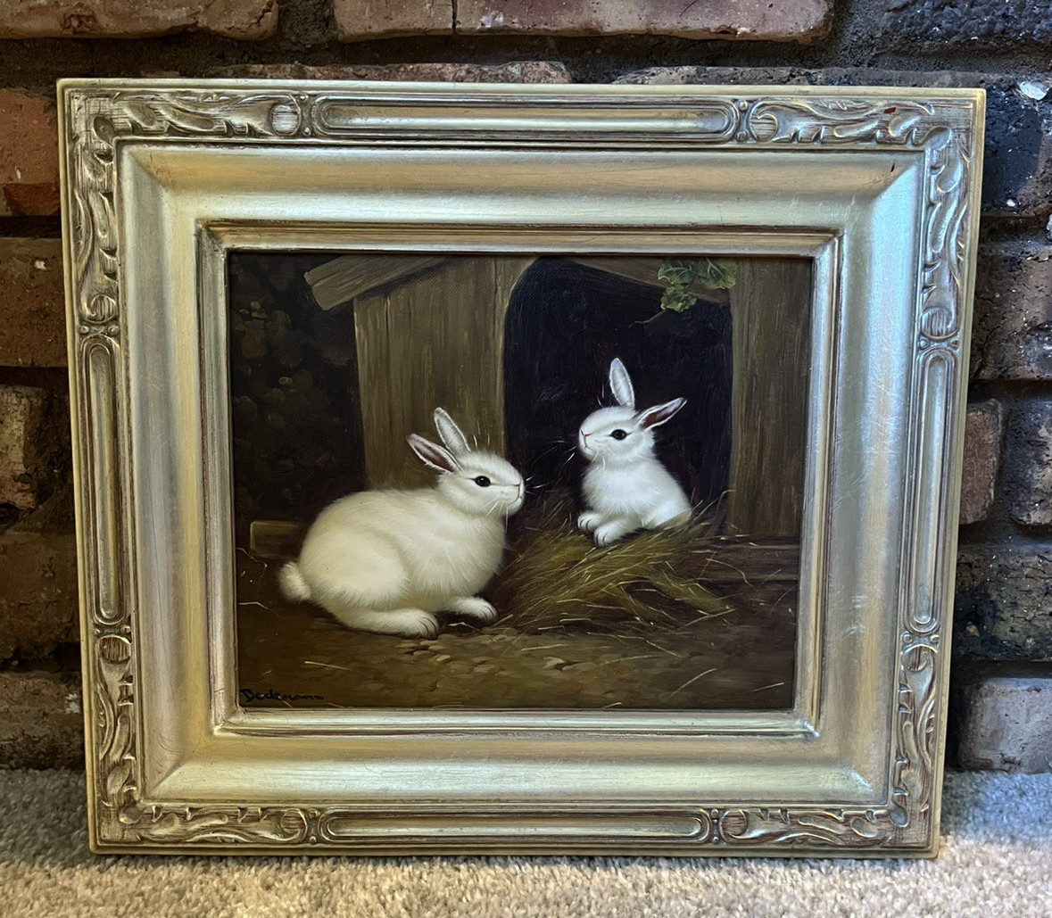 Vtg 9.5 x 7.25 Oil Painting Beckmann Two Rabbits Canvas Art Framed 12.25 X 14.25