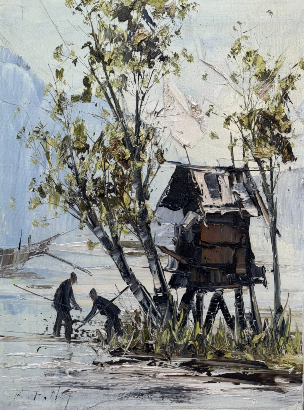 KEE FUNG NG K.F. OIL PAINTING CHINESE ASIAN ORIGINAL THICK IMPASTO PALETTE KNIFE