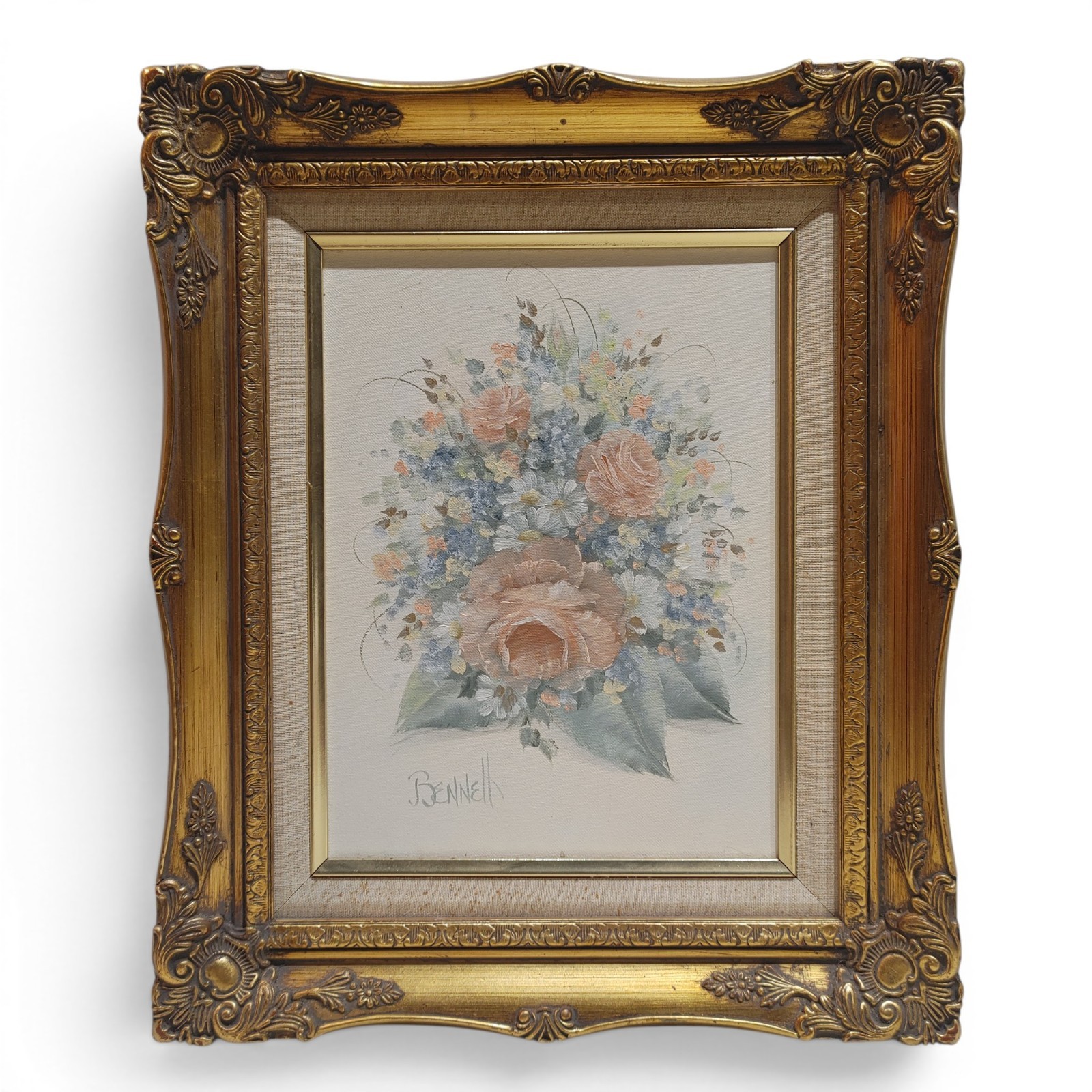 SIGNED ~ Vintage SHABBY ROSES Oil Floral Painting in GOLD Ornate Frame ~ 15×18