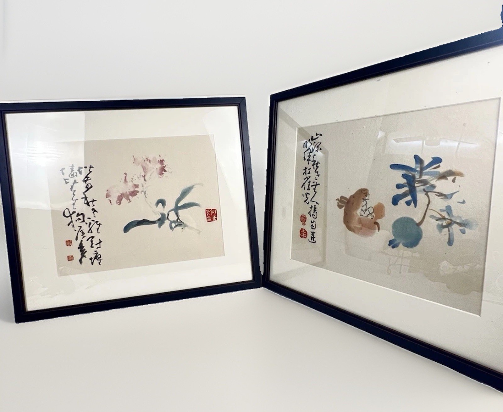 Vintage He Yiming Signed Chinese Ink & Wash Painting Set – Framed Pair 17.5×15”