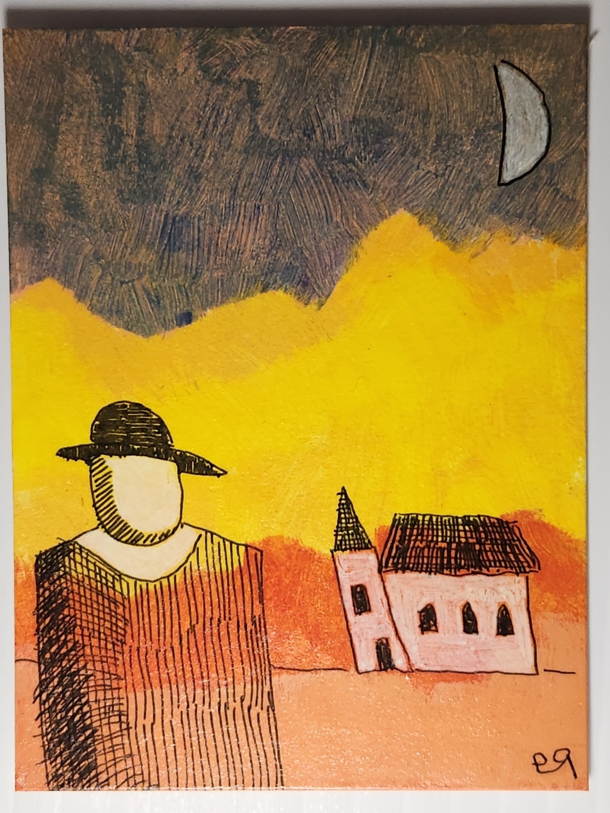 e9Art ACEO man in front of church outsider art brut naive