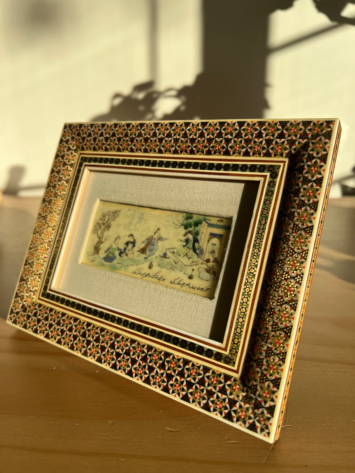 Vintage Persian Khatam Marquetry Frame Hand Painted Porcelain Plaque Small Art