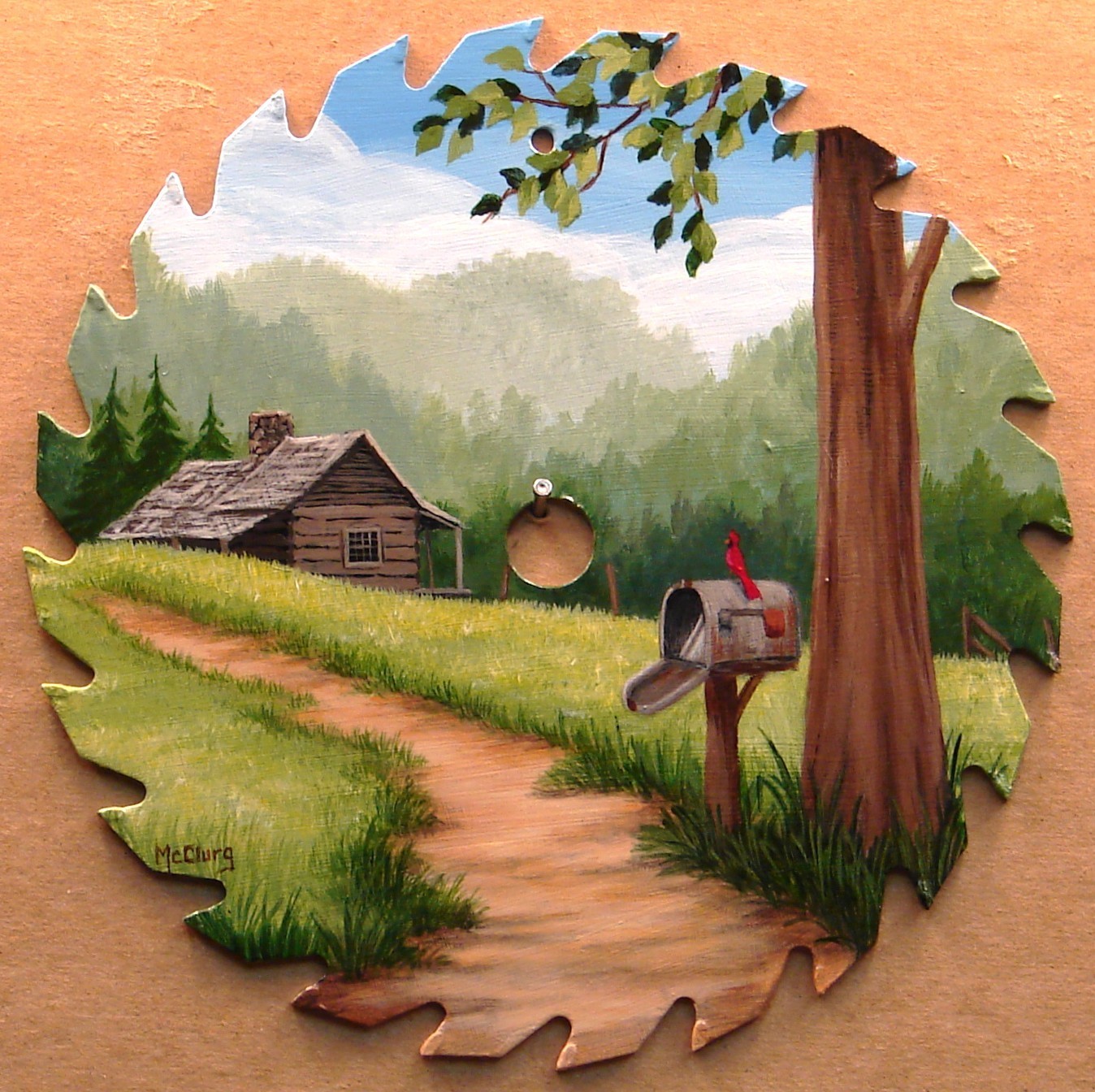 Original Hand Painted Saw Blade Mountain Log Cabin Mail Box Cardinal Acrylic
