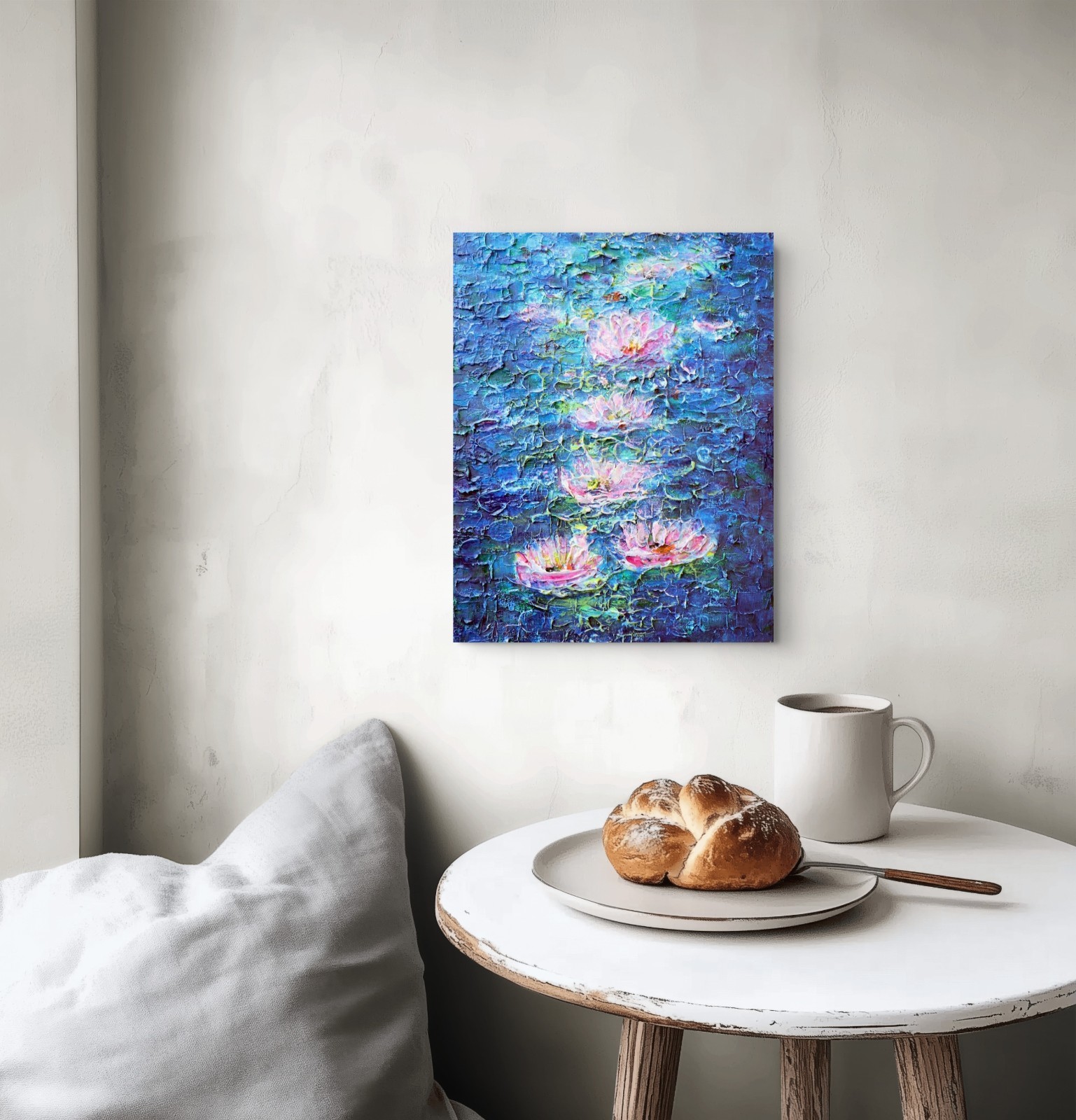 Water Lily Painting 11×14 Original Textured Blue Pond Canvas Art