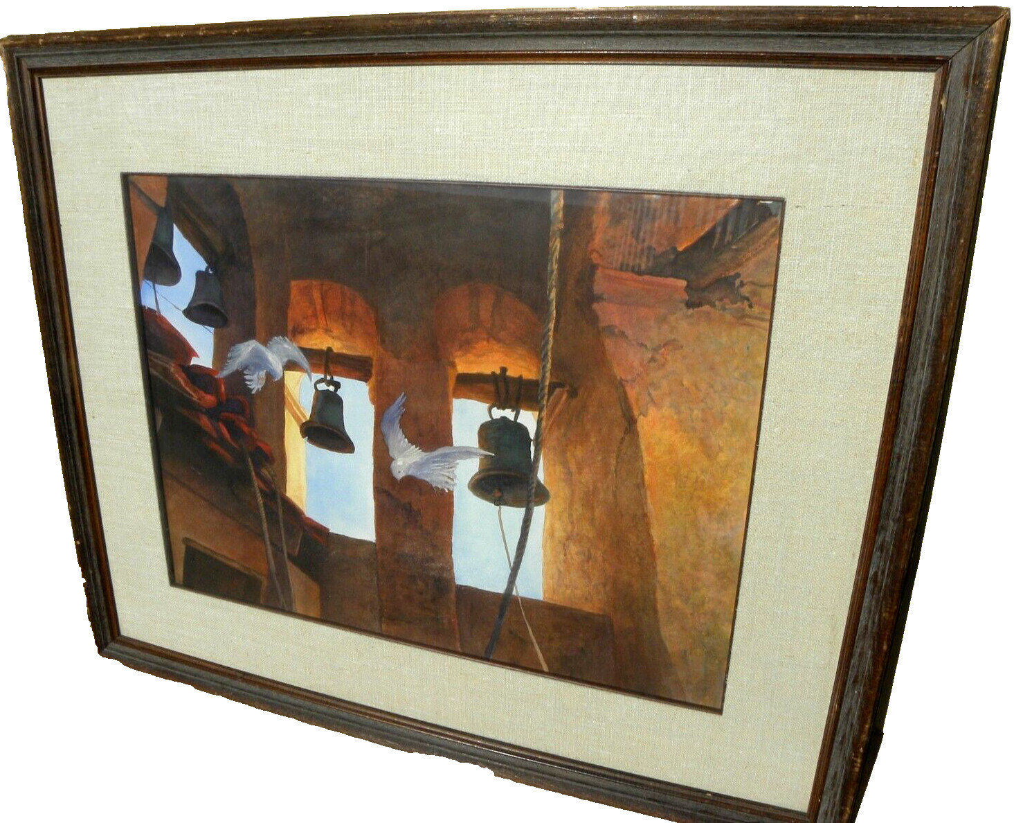 California 1989 watercolor painting mission bells and doves signed