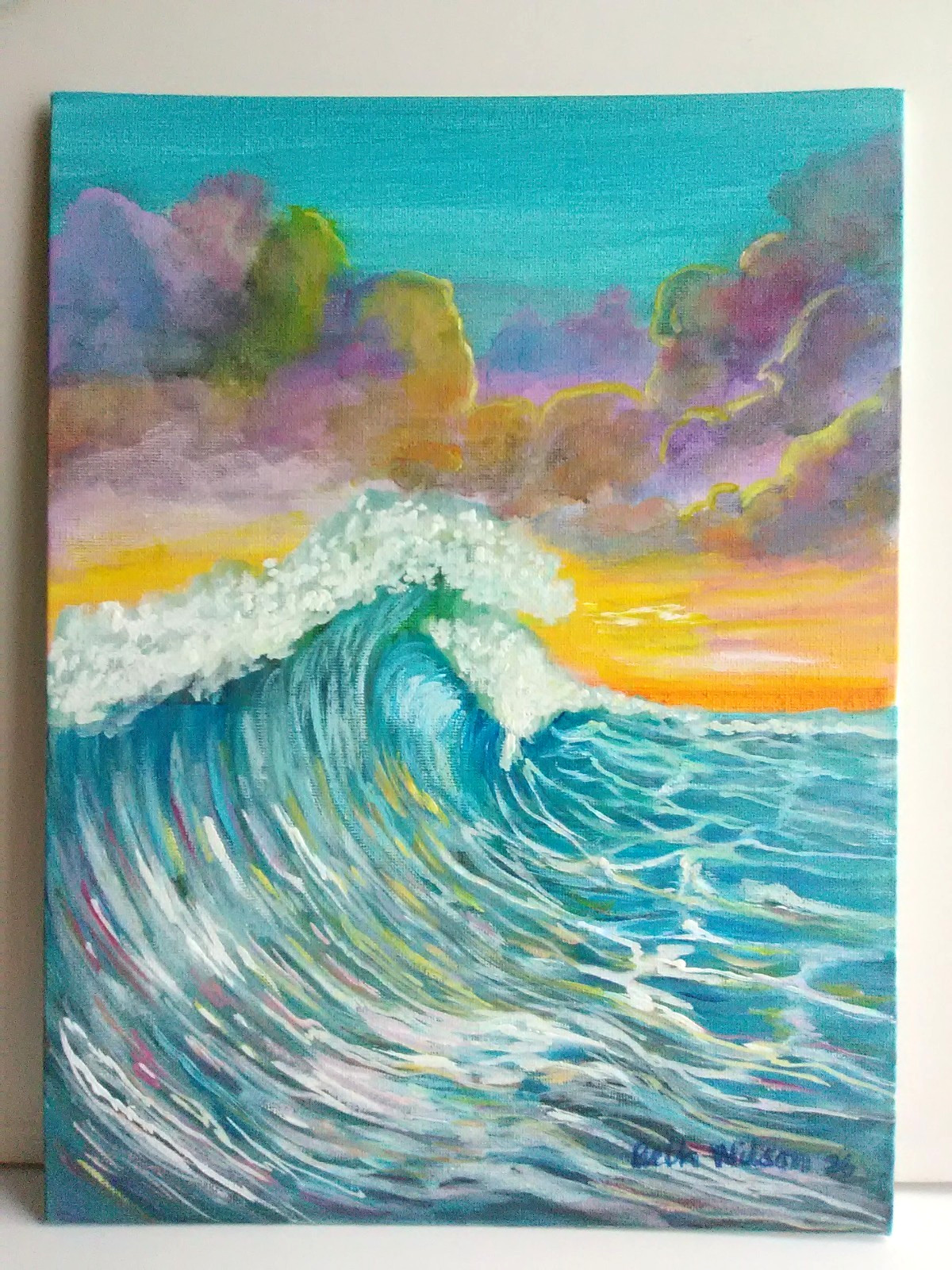 Original Acrylic Sunset Wave Painting 9″x12″ Canvas Beach House Coastal Art