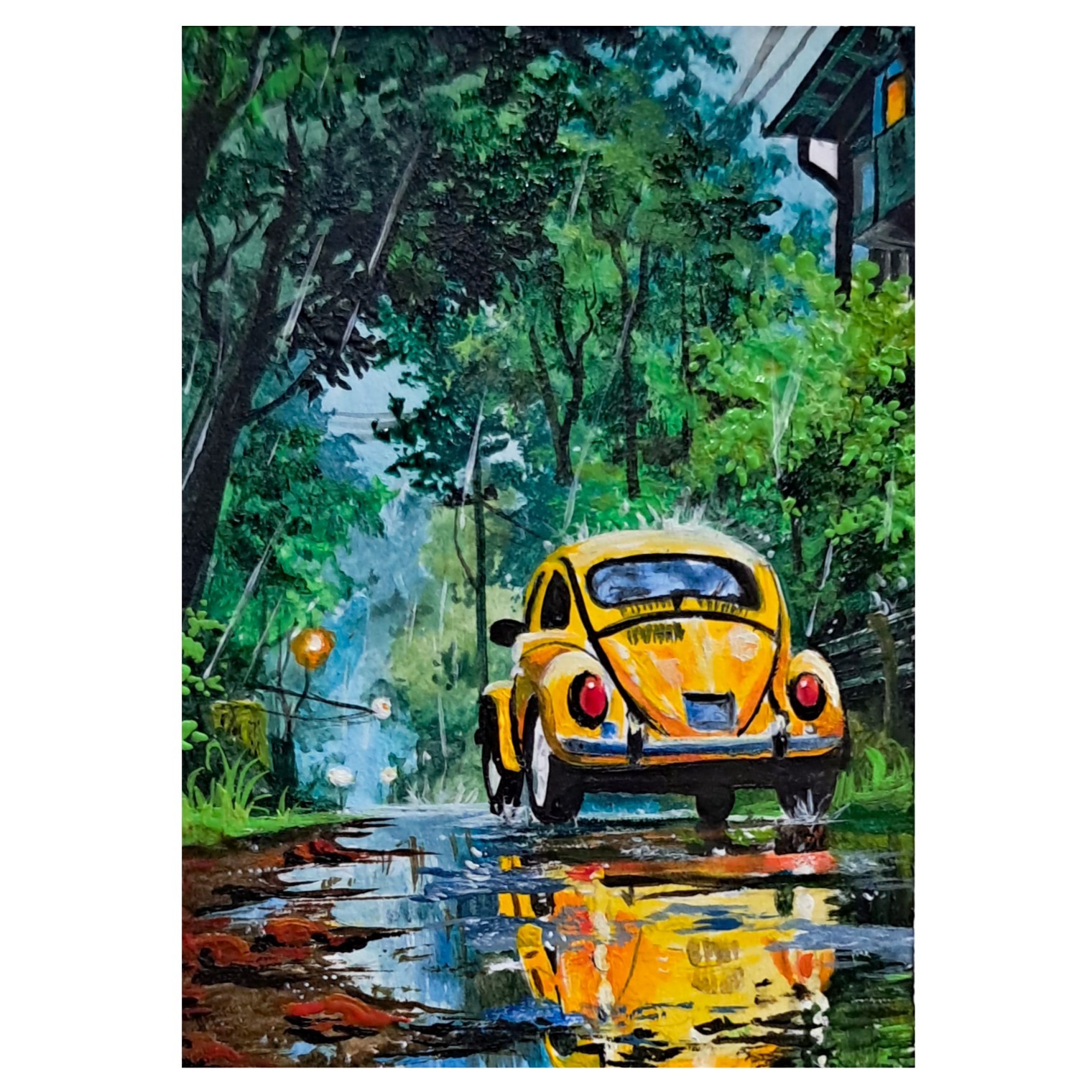 Original ACEO Acrylic 💛Car Painting Vintage Forest Miniature Landscape Art Card