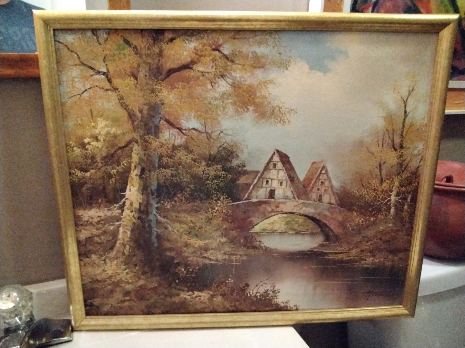 Vintage Original Oil Painting Tree’s/Bridge/Cottage Framed Signed 25.75″ X 21.5″