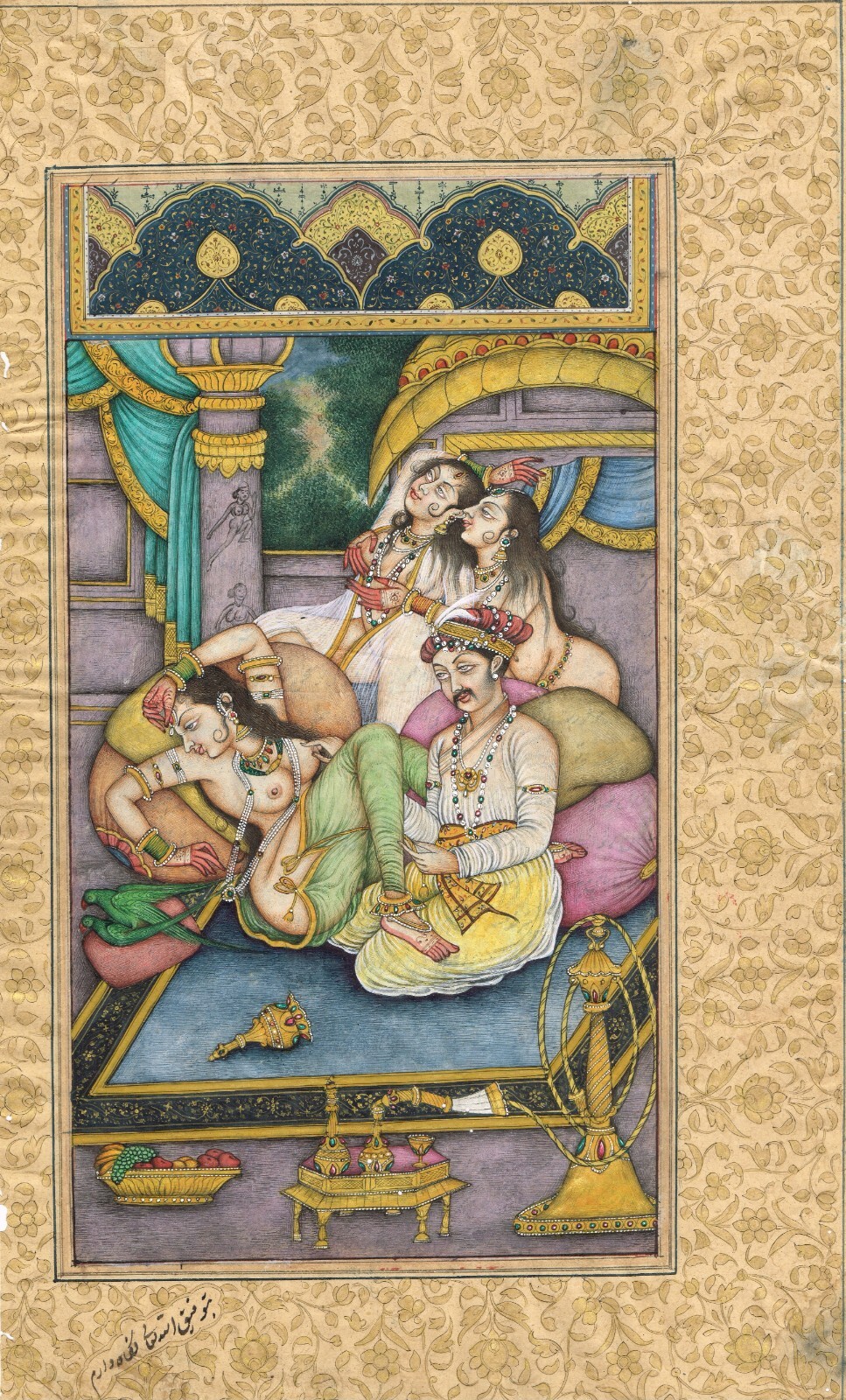 Mughal Harem Art Indian Painting A Mughal King With Women Love 8.25×13.5 Inches