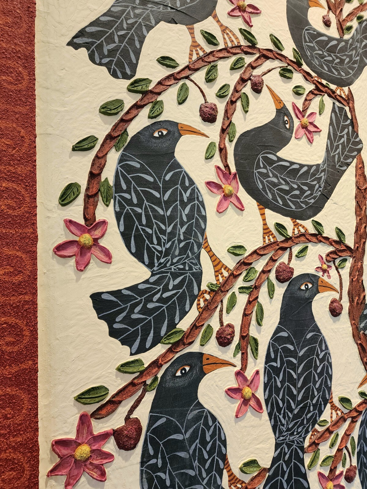 Danette Sperry Southern Primitive Crow Bird Folk Art Painting «Cherry Paradise «