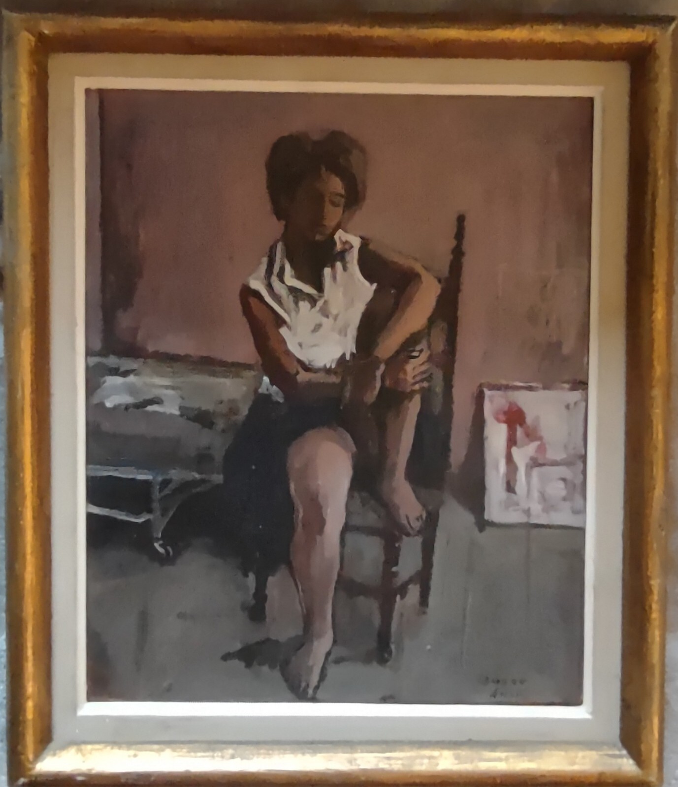 Vintage Lambro Ahlas Oil Painting «Girl In Studio With White Blouse» 14″ X 12″