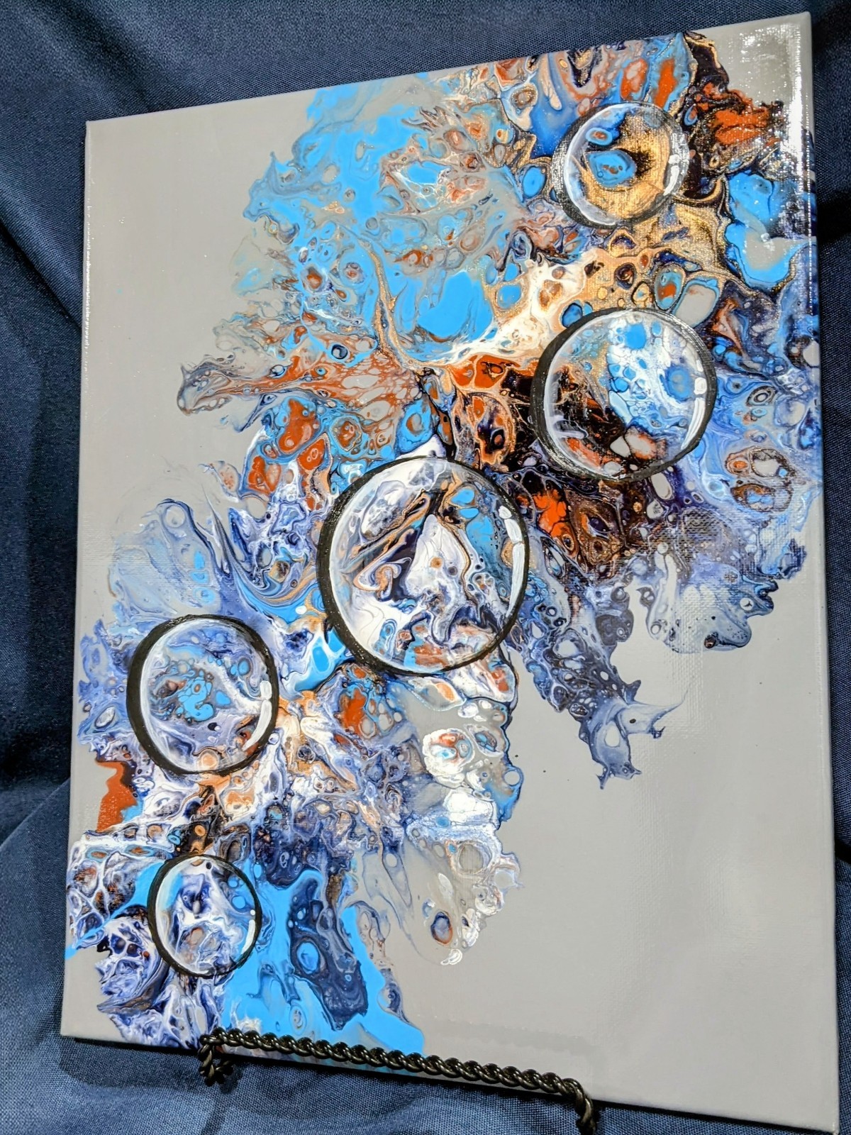 Bubbles on Turquoise and Grey acrylic pour, gold highlights 11″ h x 14″w x .5″d