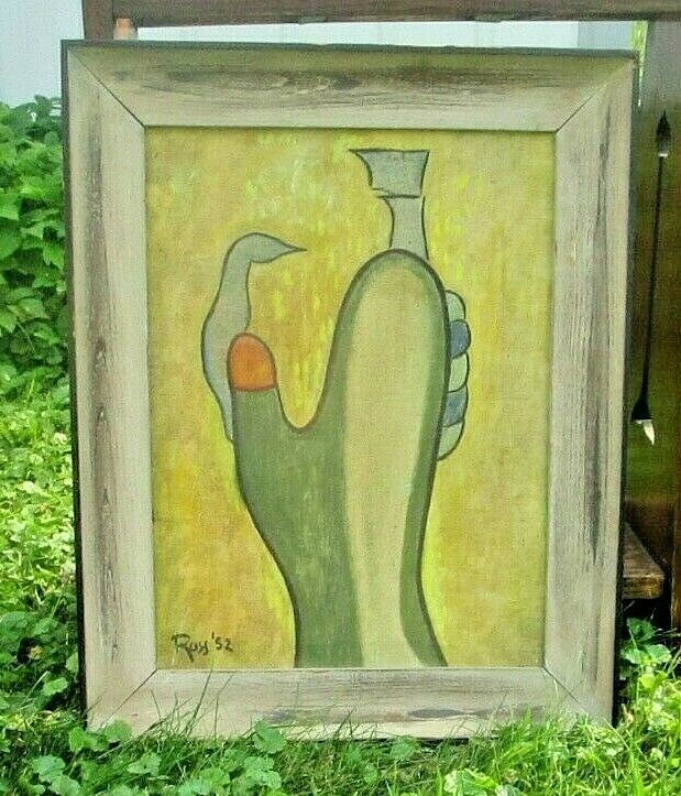 Mid-Century Modernist Hands Oil Painting Abstract Figurative Peace Ross 1952 VTG