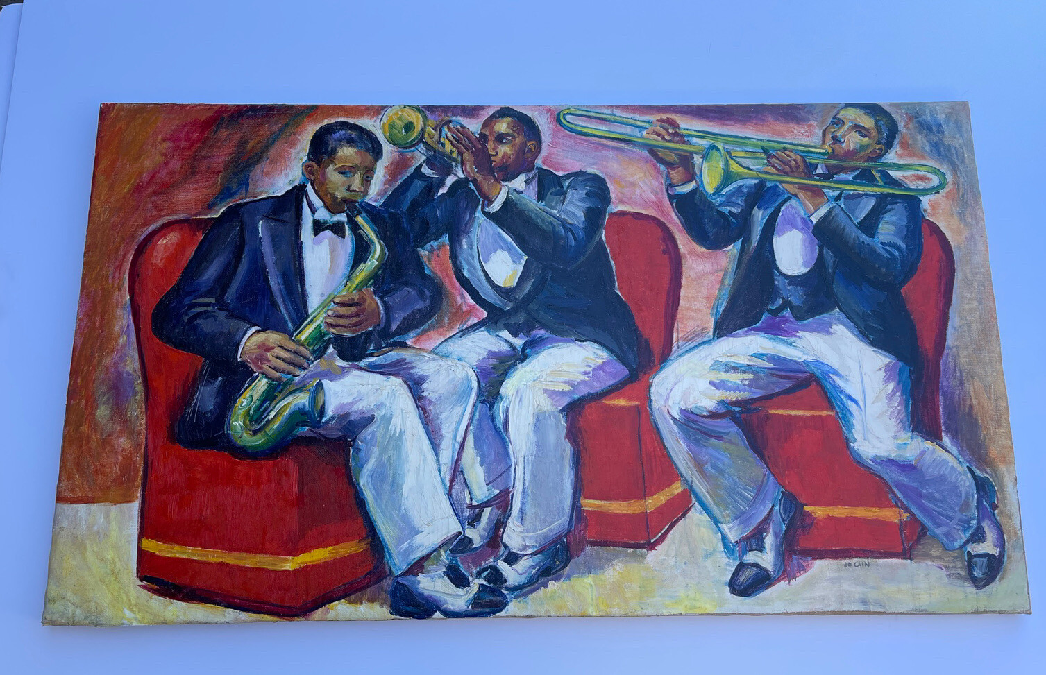 Jo Cain PAINTING ANTIQUE WPA Black Americana Large Mural Study Jazz Portrait Oil