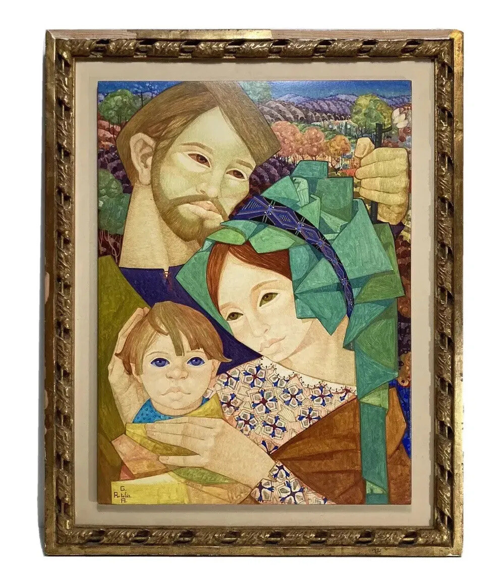 GABRIEL PORTOLES MODERNIST FAMILY PORTRAIT 1960S ANTIQUE MID CENTURY PAINTING