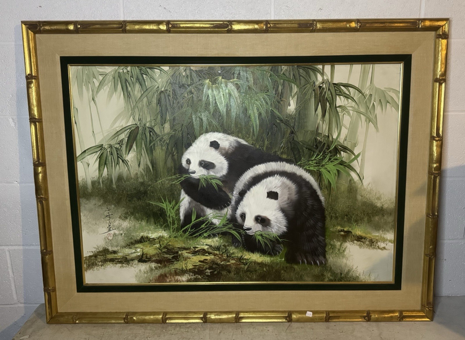 Large Original Oil On Canvas Painting Panda Bears Bamboo Signed Matted Framed