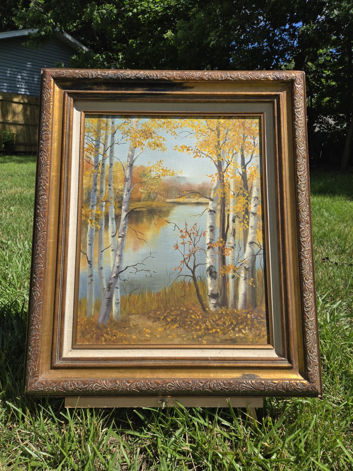 Vintage Original Oil Painting Birch Trees Autumn Forest Signed Ornate Wood Frame