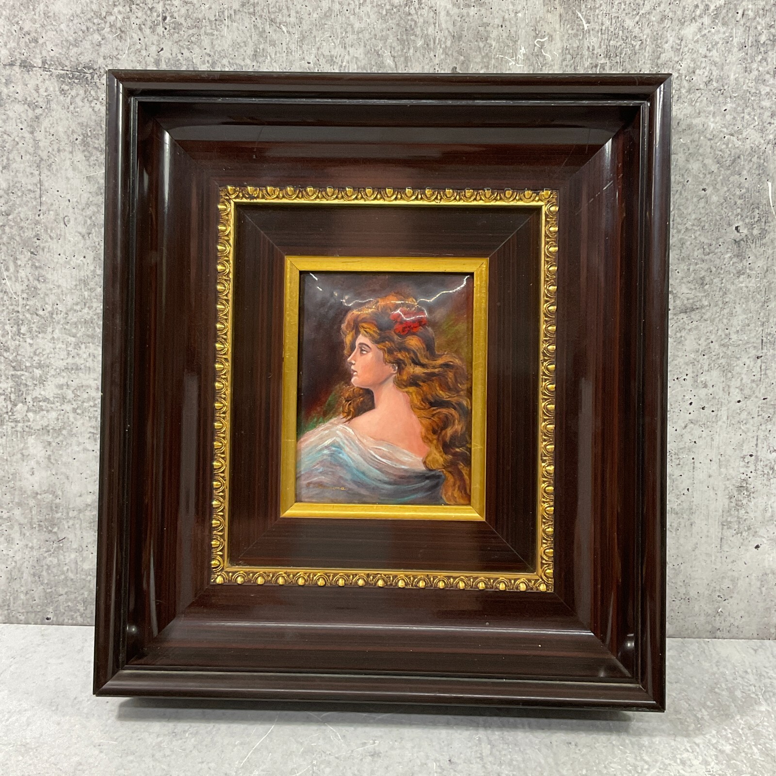 Vintage French Enamel Limoges F.J. Carmona Portrait Painting Rosewood Frame
