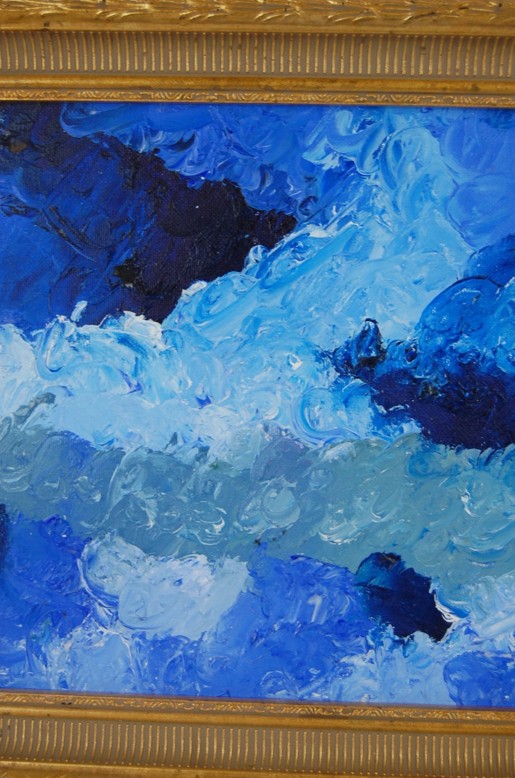 Framed Oil on Board Impressionist Abstract Blue Waves Seascape Painting 14X11