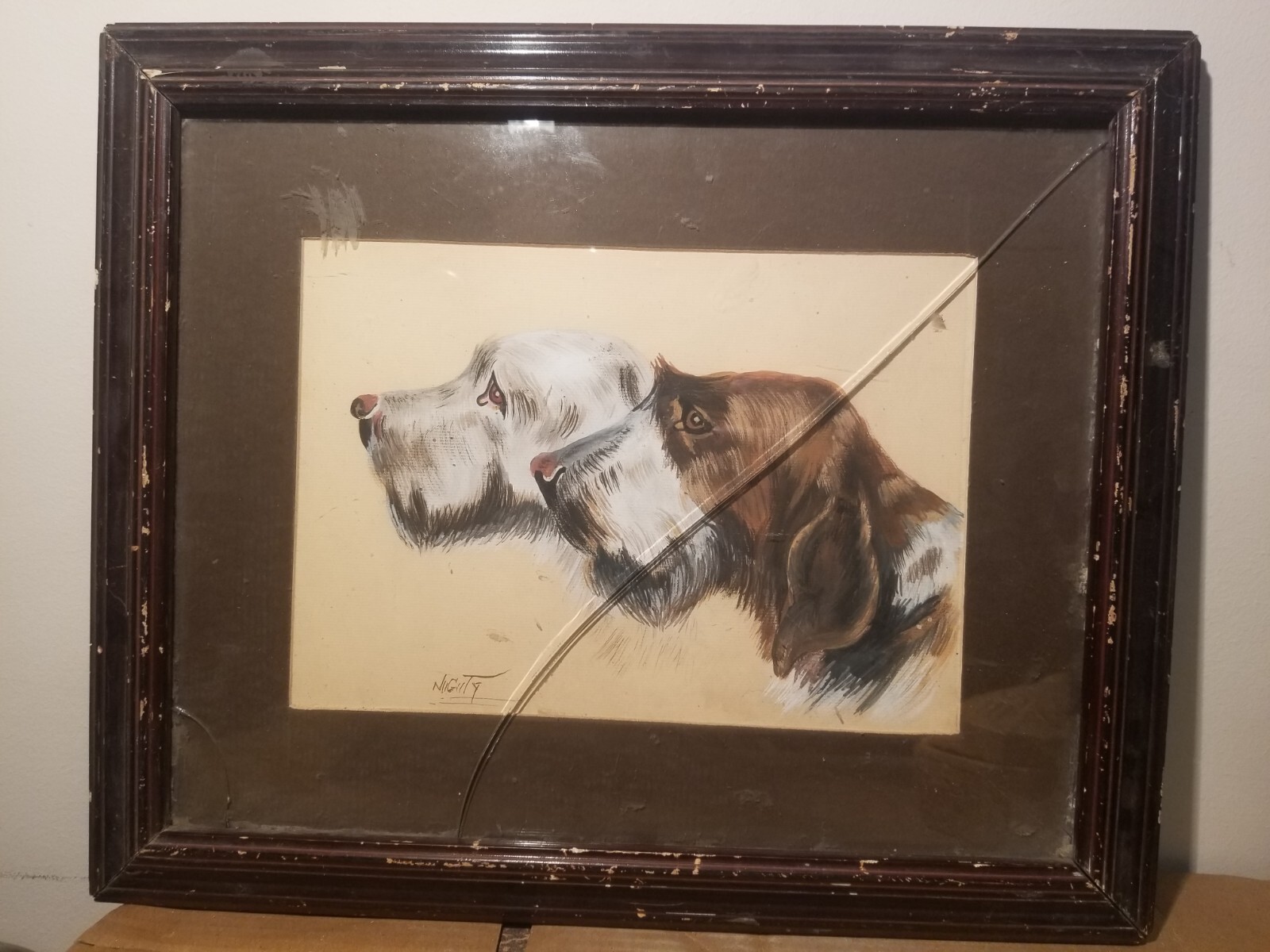 ANTIQUE VINTAGE SUPERB BEAUTIFUL FRENCH OIL PAINTING PORTRAIT OF 2Dog SIGNED1895