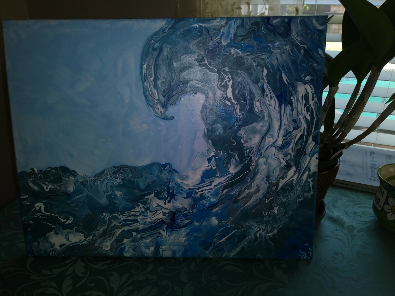 New Original «Blue Wave» Acrylic Pour 16″ x 20″ Canvas Art Wall Abstract Décor