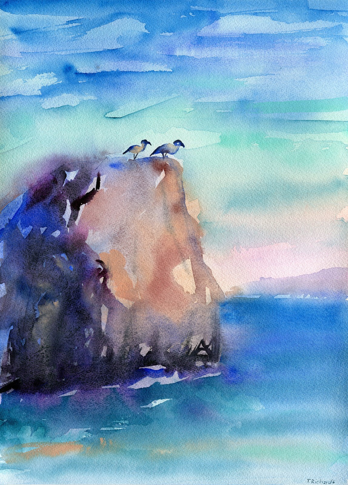 Watercolor painting ORIGINAL art Ocean cliff mountain landscape seascape 10×14″