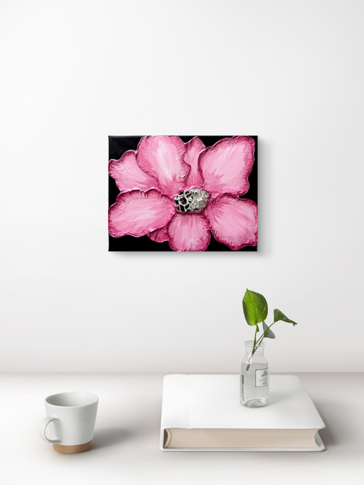 Original Pink Flower Painting 8×10 Mosaic Flower 3D Textured Impasto Art Wall