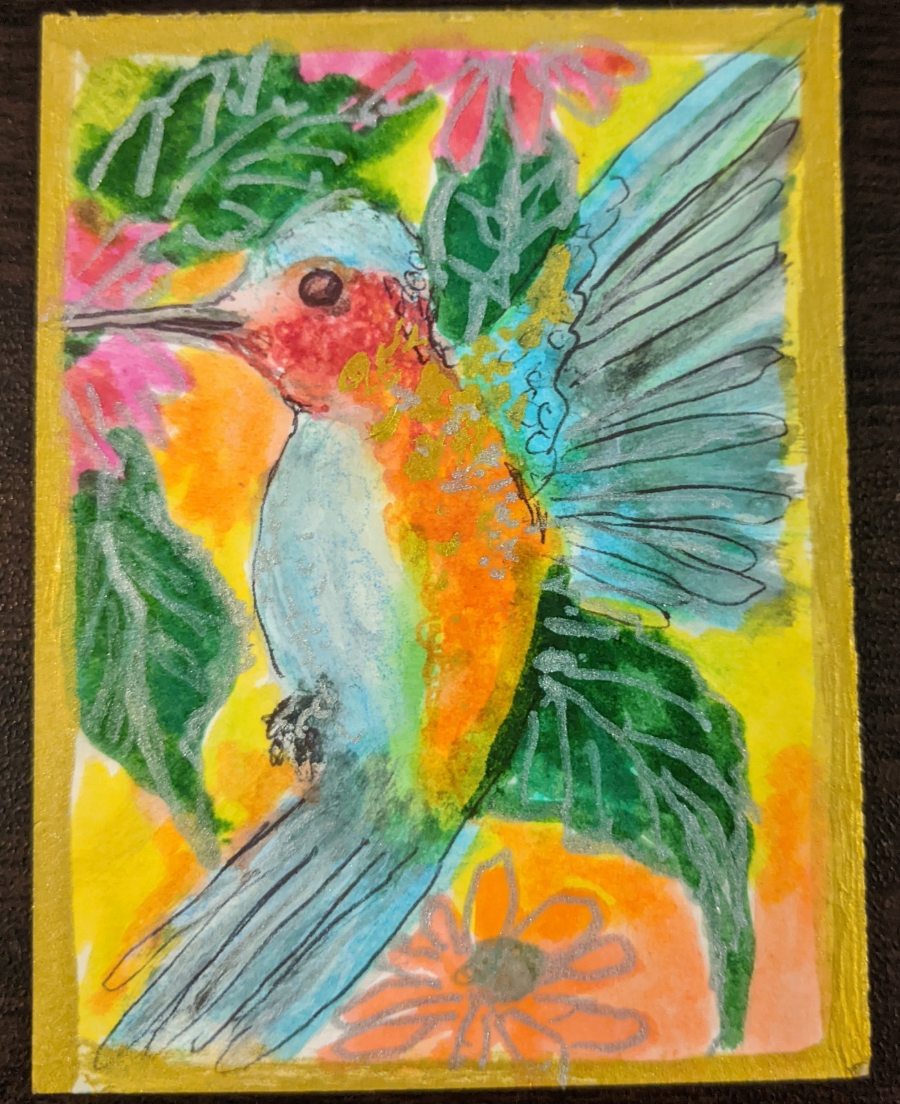 ACEO Original Watercolor Painting Signed hummingbird with flowers