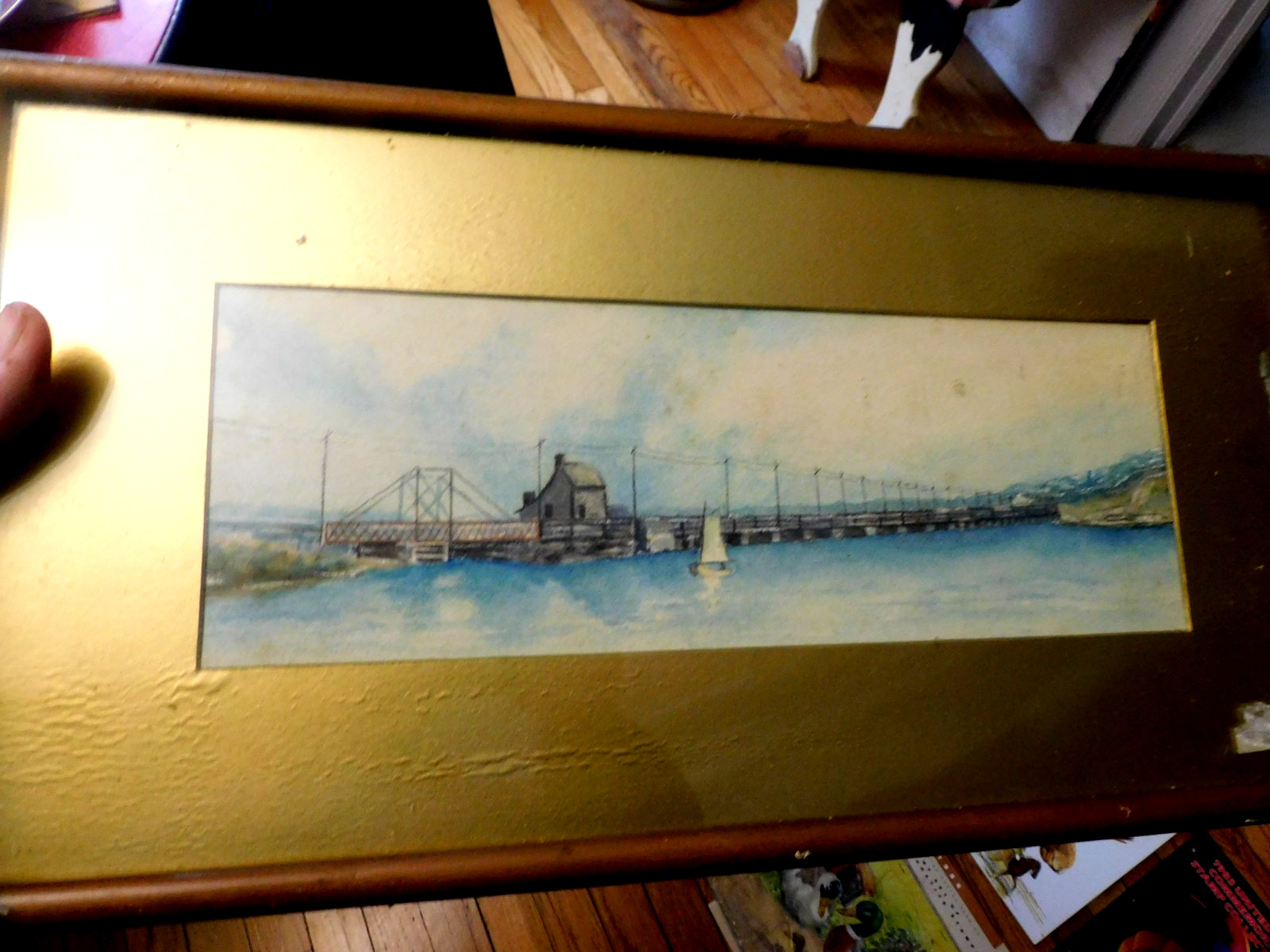 ant. 19th c. watercolor of marine landscape in original frame