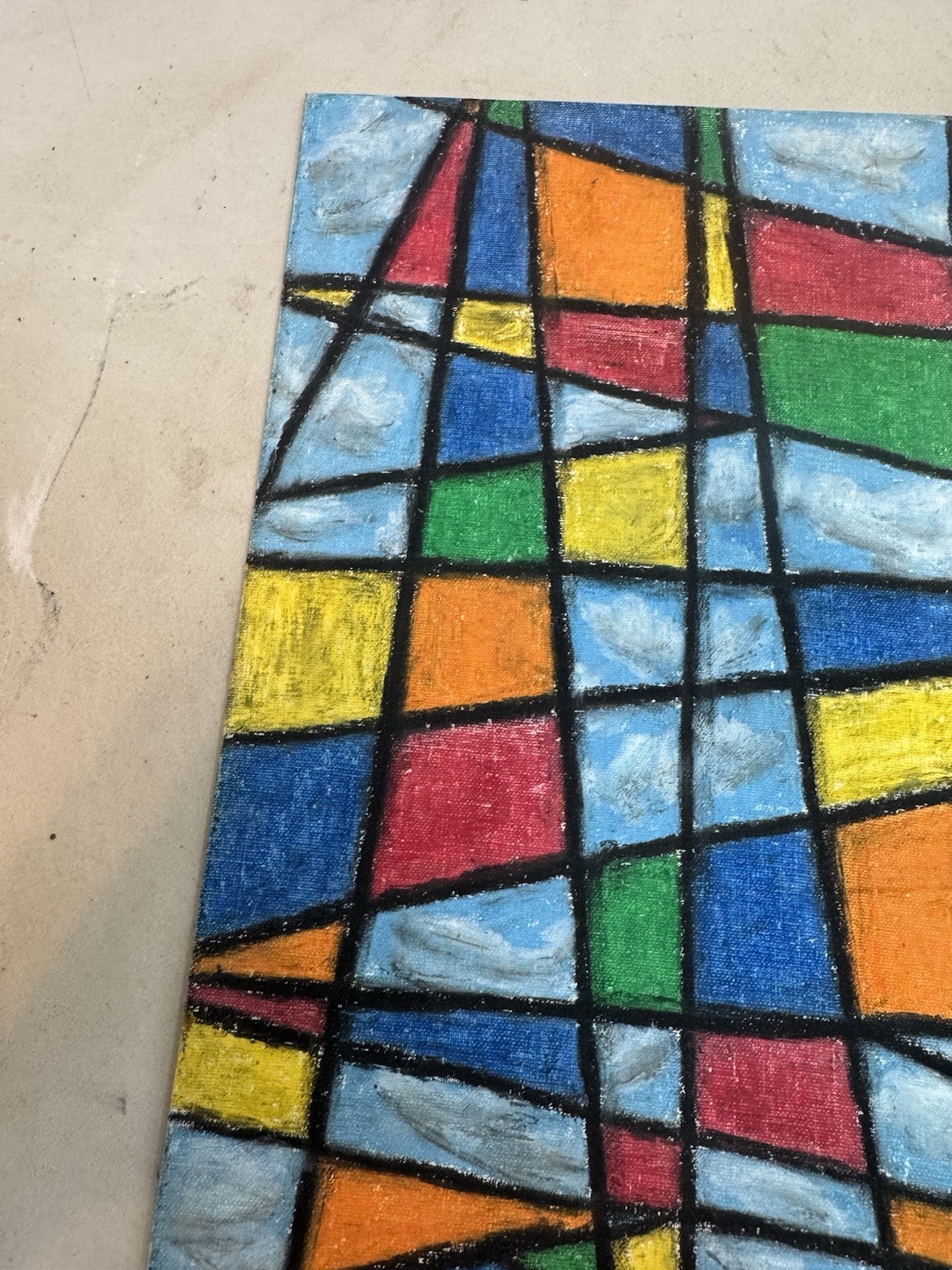 Vintage MCM Abstract Geometric Oil Painting Stained Glass Style Colorful Signed