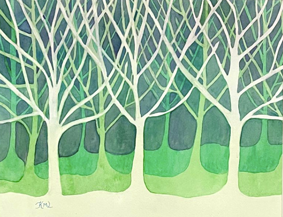 PAINTING WATERCOLOR ART SUMMER TREES GREEN BLUE WHITE 11X14 AND DOUBLE MAT 16X20