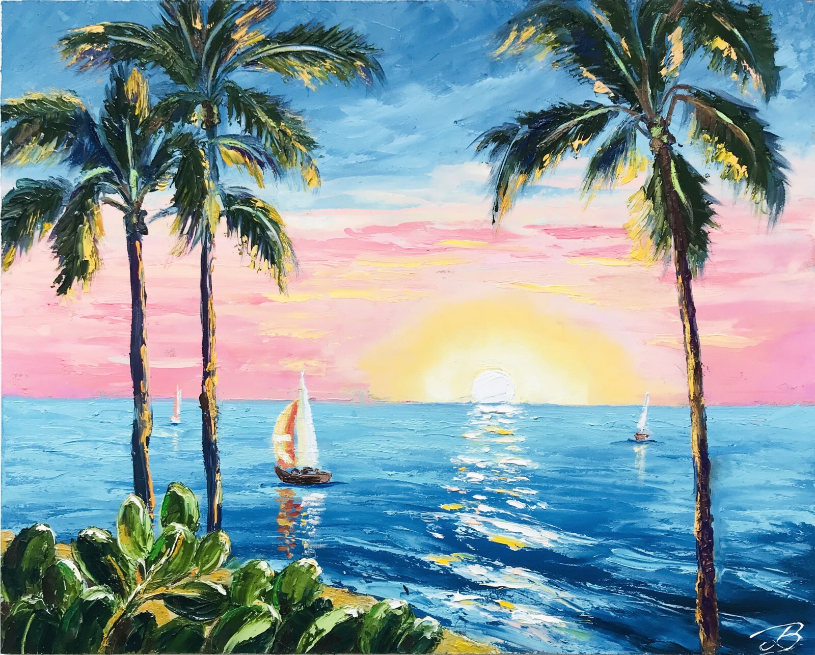 Original Hawaii Painting Hawaiian Tropical Seascape Sunset Sailboat Oil 9 x 12″