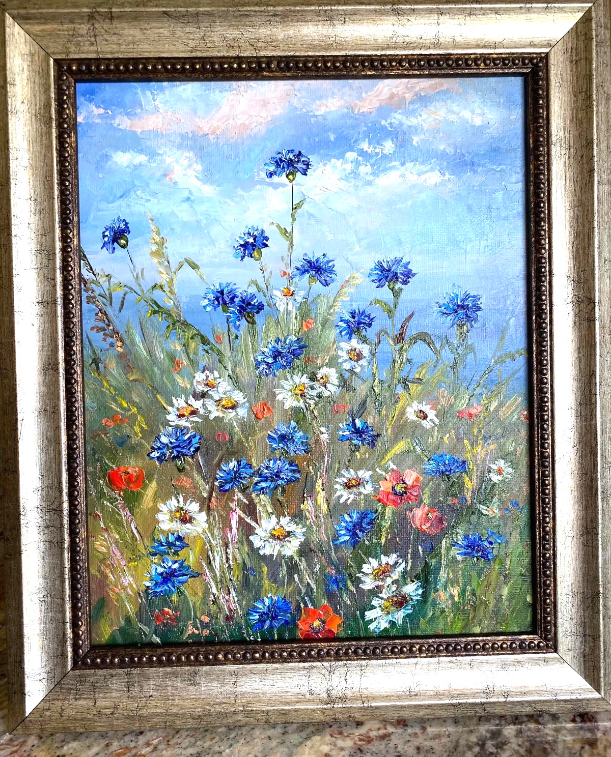 Cornflowers, Daisies, Poppies ORIGINAL OIL Painting WILDFLOWERS impasto 10″x 8″