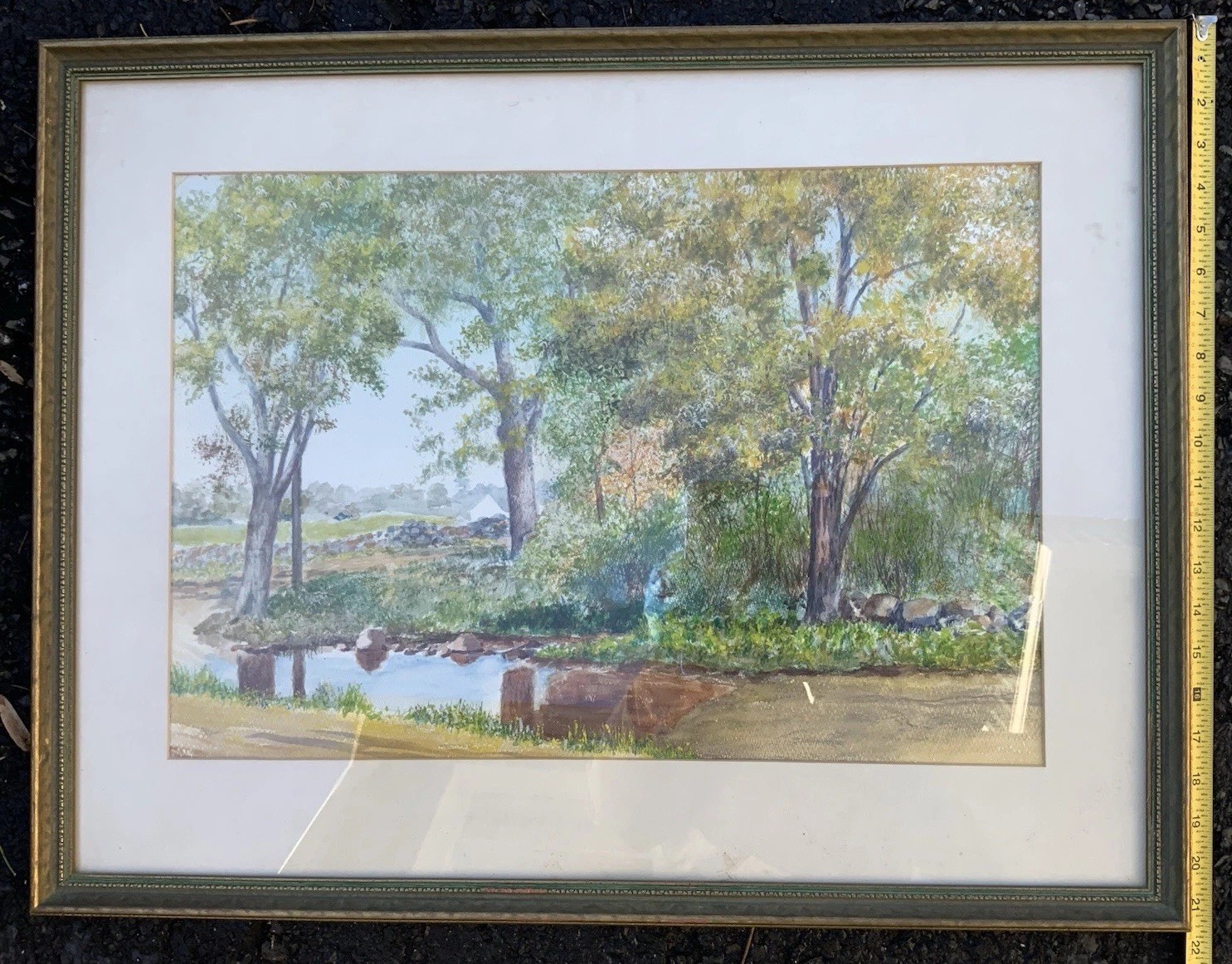 Vintage Original Landscape Watercolor Painting Trees Stream Framed Art 29×23