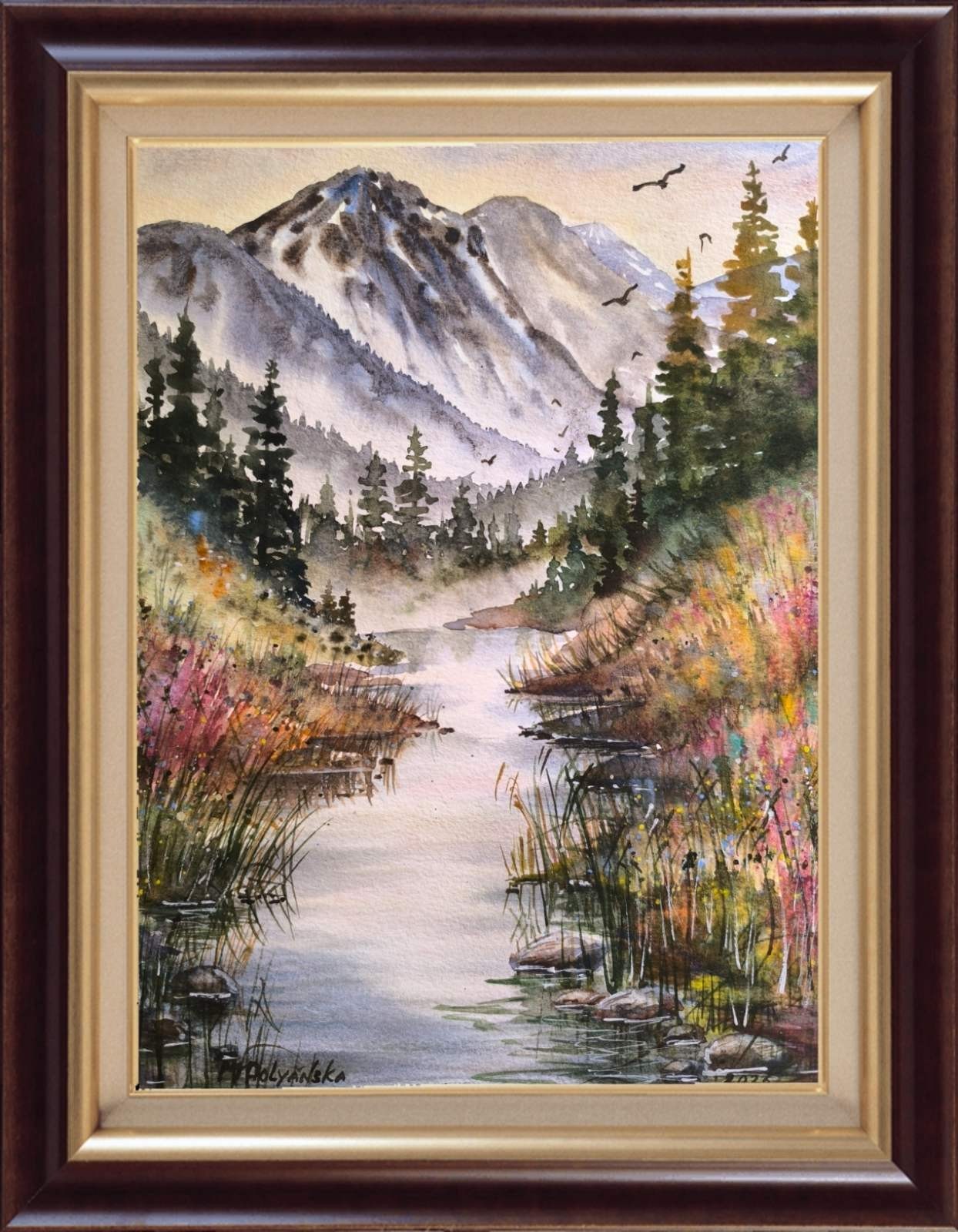 FOGGY FOREST MOUNTAINS Original Art Painting BIRD FLYING RIVER Bob Ross Style A4