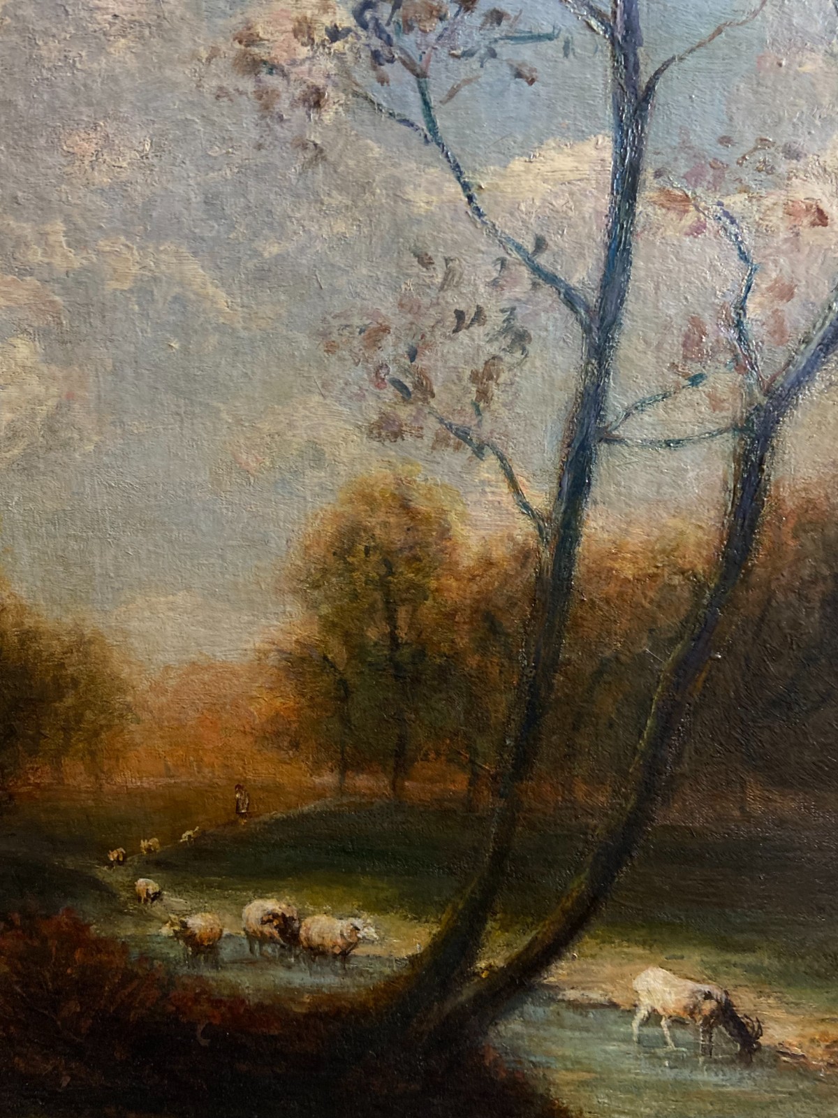 French School 19th Century Landscape Animated Shepherd & Sheep Herd Oil Painting