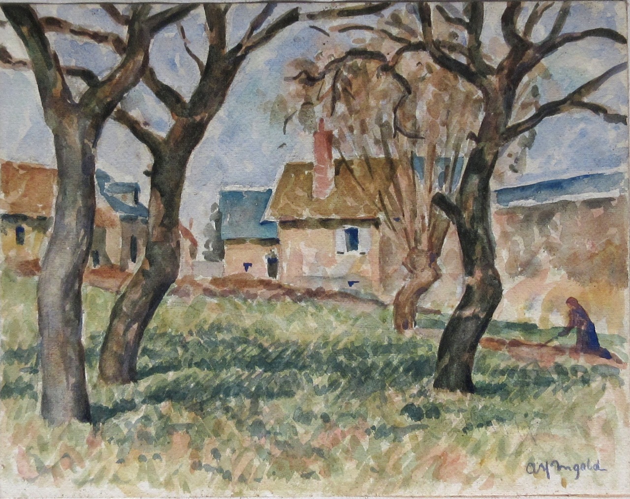 Vintage Swiss Watercolor, Woman Working in a Garden Signed Alfred Ingold, Listed