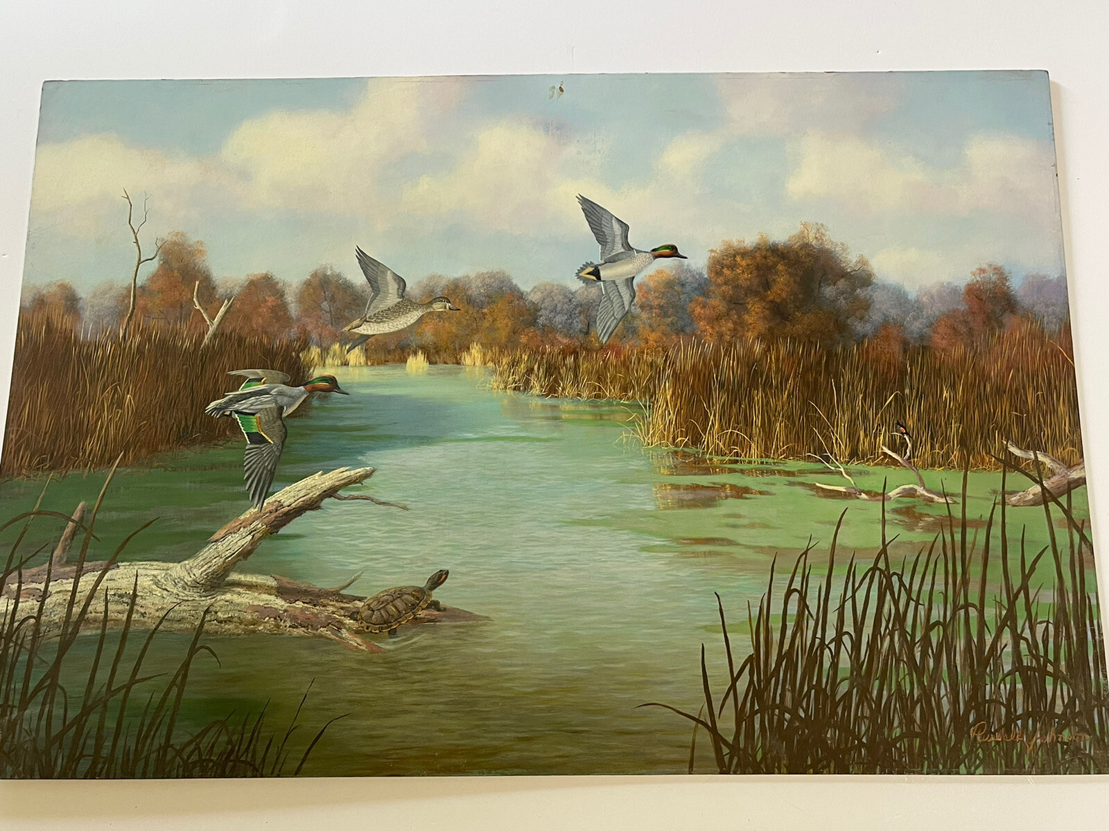 Russell Johnson Painting Wildlife Landscape Duck Lake Pond Realism Vintage LARGE