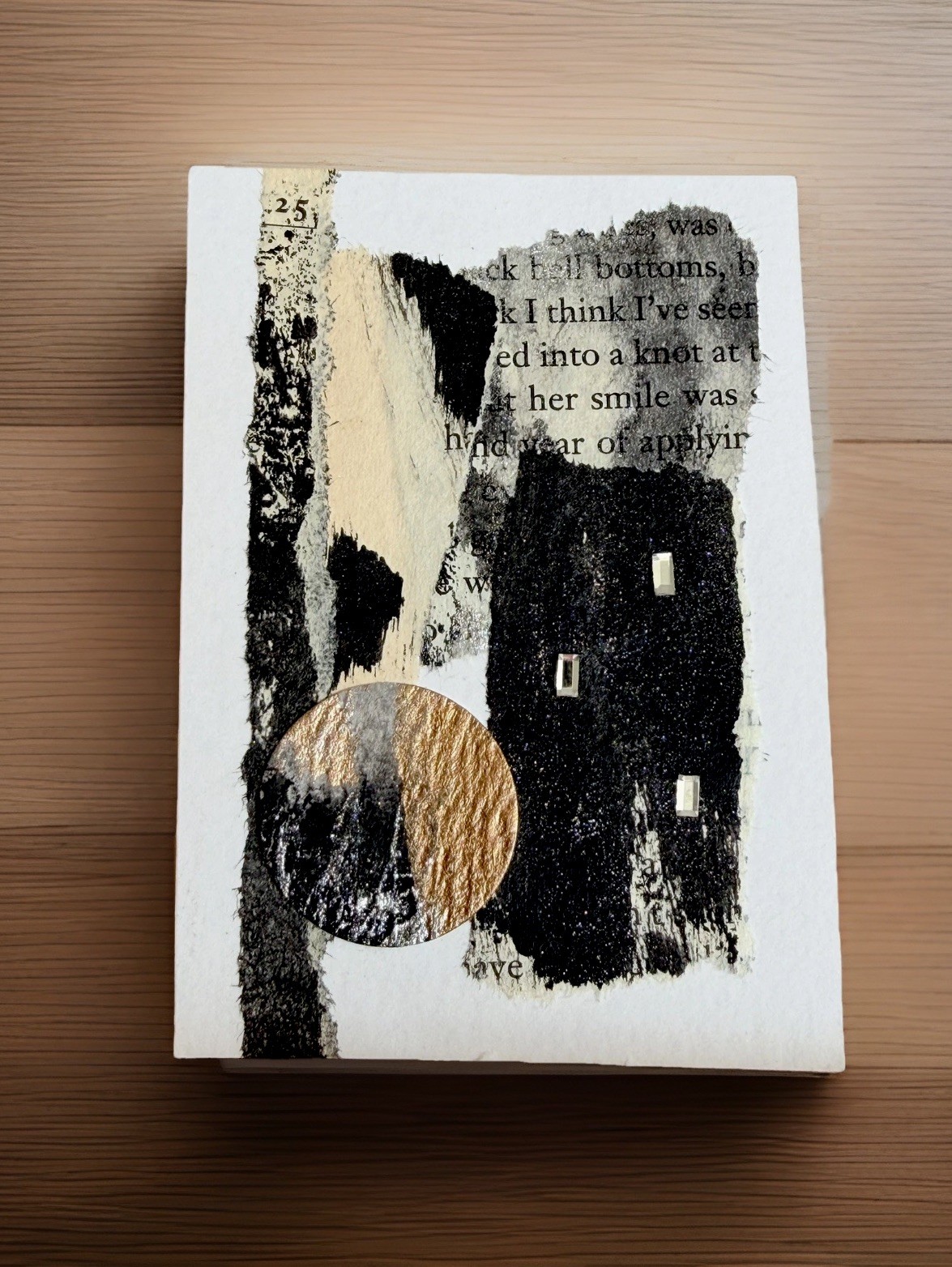 ACEO collage abstract art OOAK Silver Gold Moon With Rhinestones