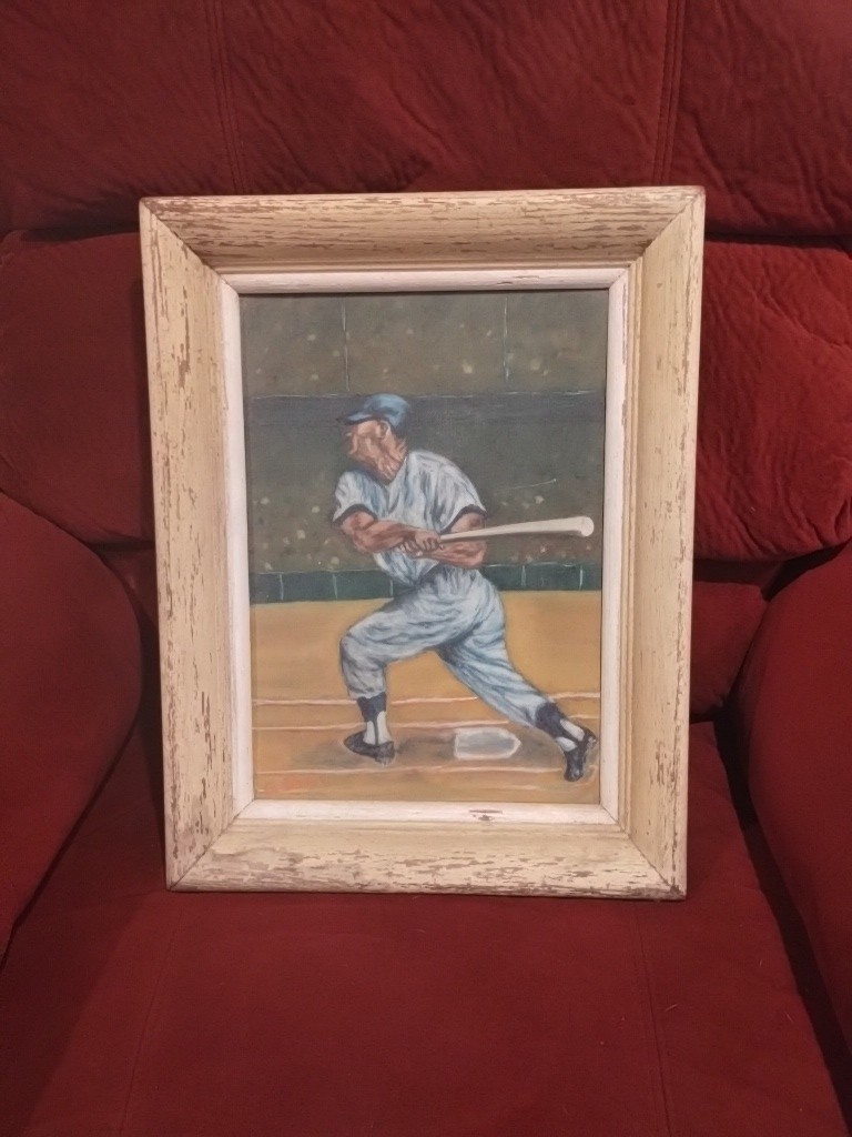 Baseball painting original oil. By Annette Cooper April 3, 1963. 18 X 14 X 3
