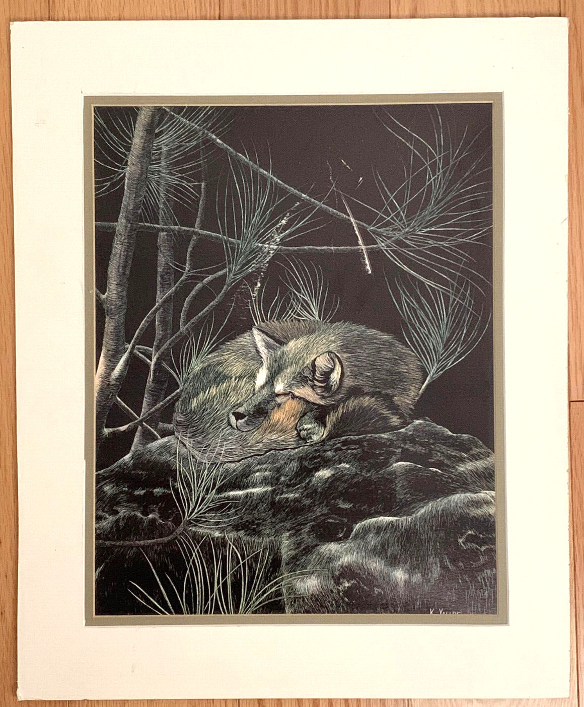 KATHY YAUDE Scratchboard Art Print “Slumber” MATTED NO FRAME Vintage 1982