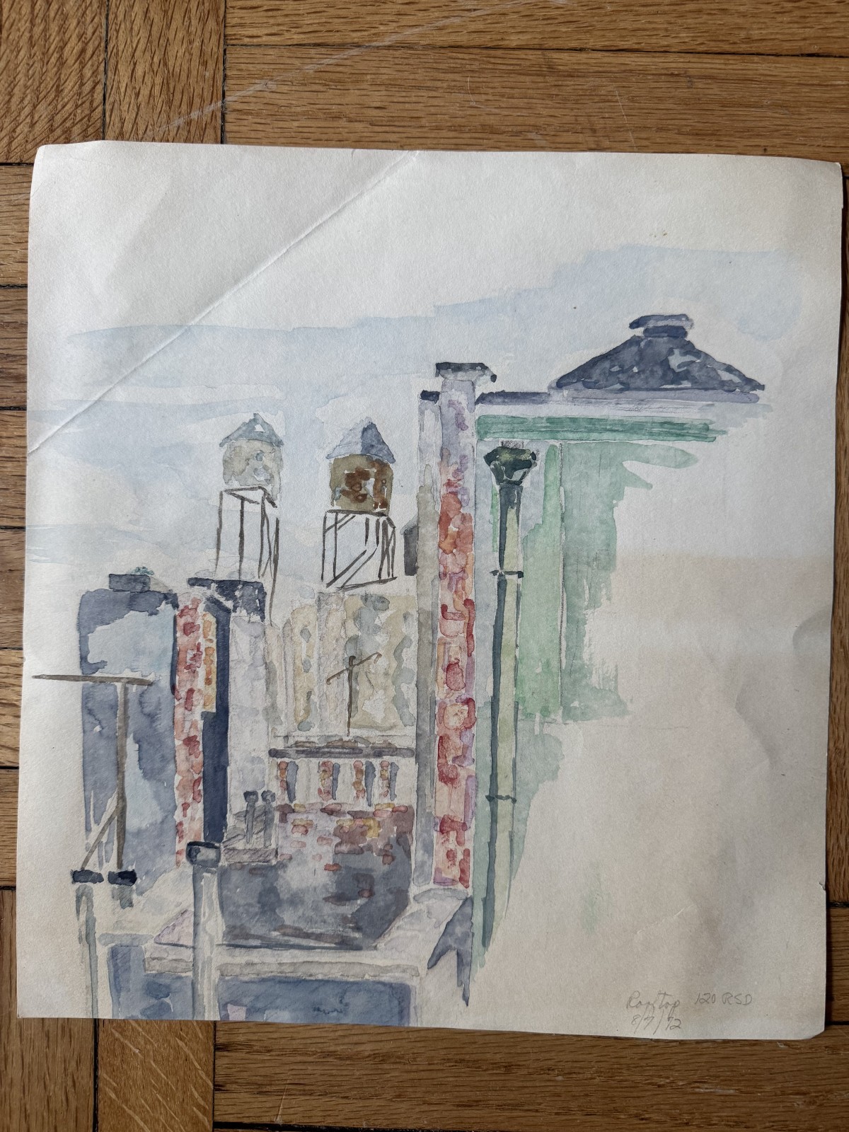 Vintage 1972 Watercolor Painting NYC Rooftops New York City Water Towers 10×11