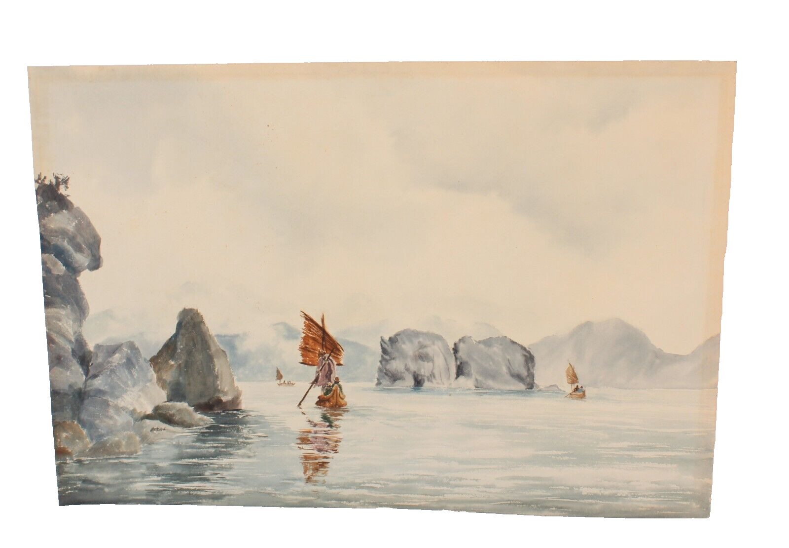 Vintage J. Huntadol Watercolor Of Towering Limestone and Junk Boat