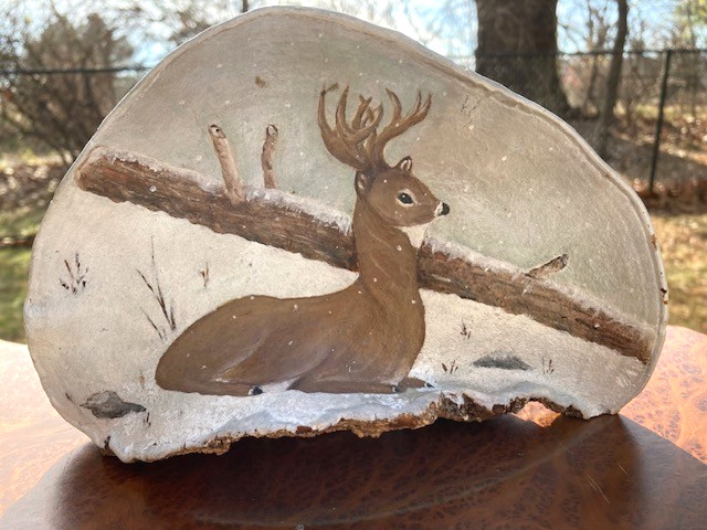 Original Folk Art Hand Painted White Tail Deer Winter Scene Tree Conch Signed