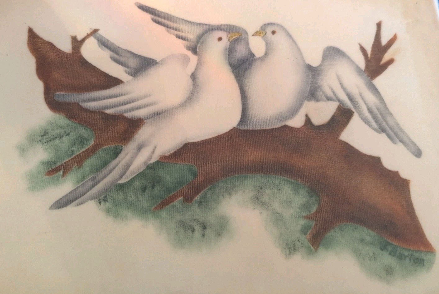 Vintage Jane Barton Signed 1976 Theorem Painting Of Doves 9×12″ SSE