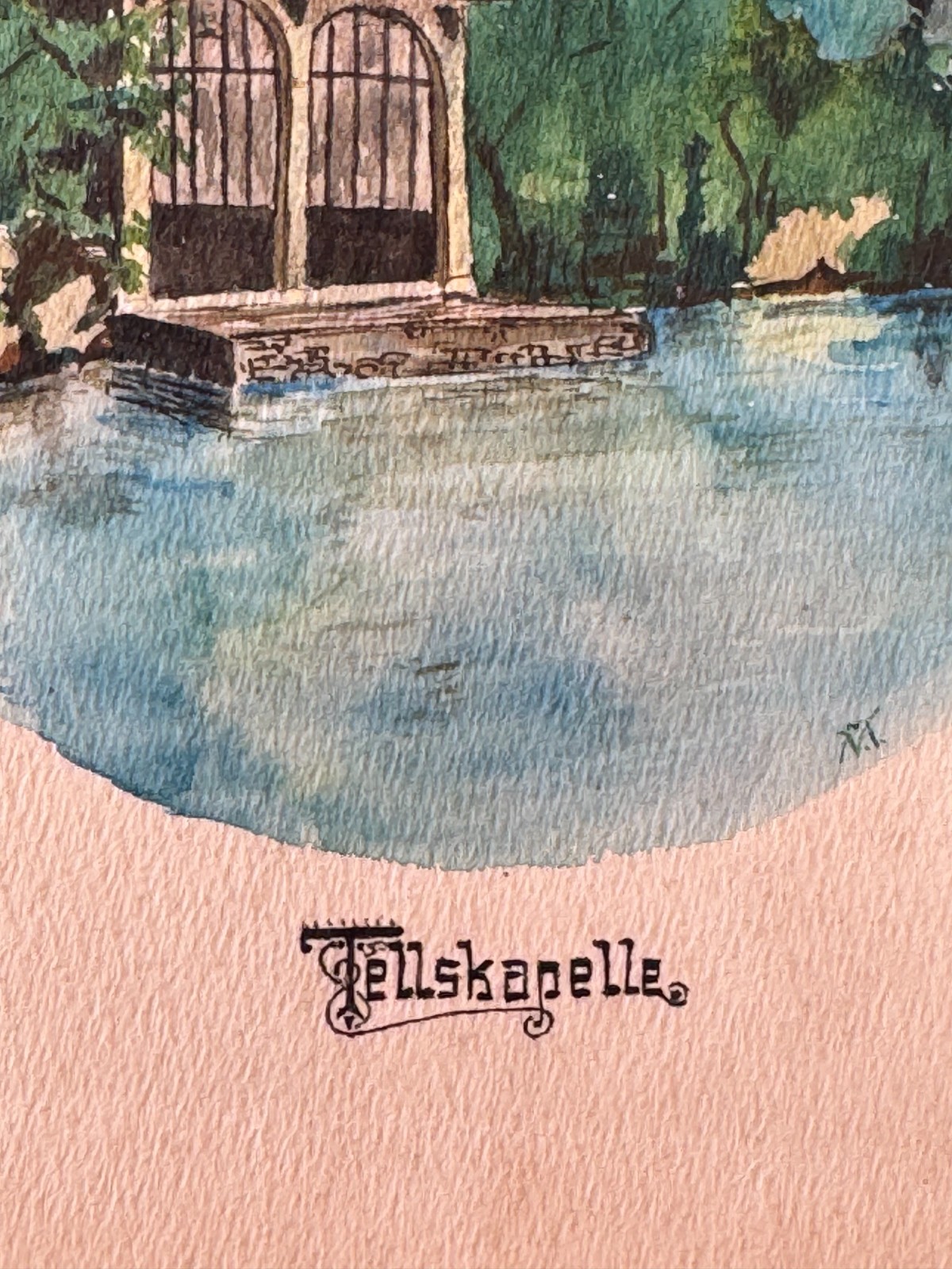 Antique 19th Cent Swiss Landscape Watercolor Painting Tellskapelle OOAK 6.5×9.5