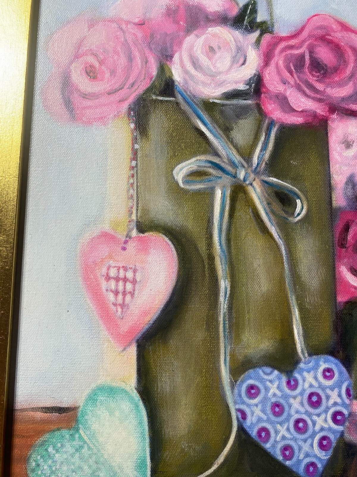 Pearl Mintzer «Hearts And Flowers Scene» Oil Painting – Signed And Framed