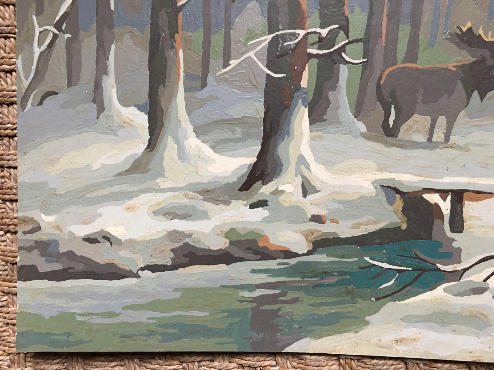 Elk In Snowy Forest Superb Large Original Gouache, Signed?