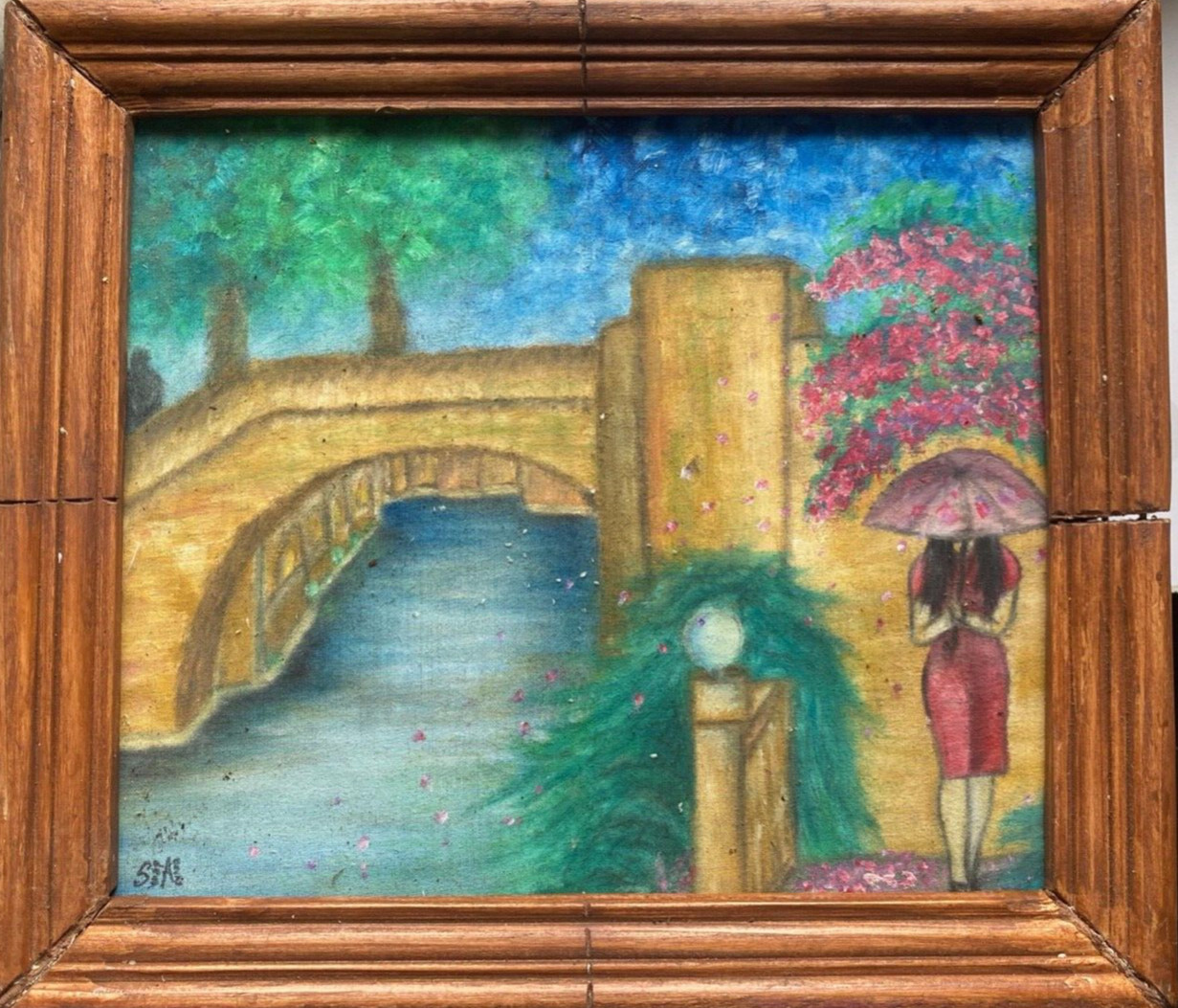 Oil Painting MONOGR.S.A. Romantic Bridge With Girl And Beach Umbrella